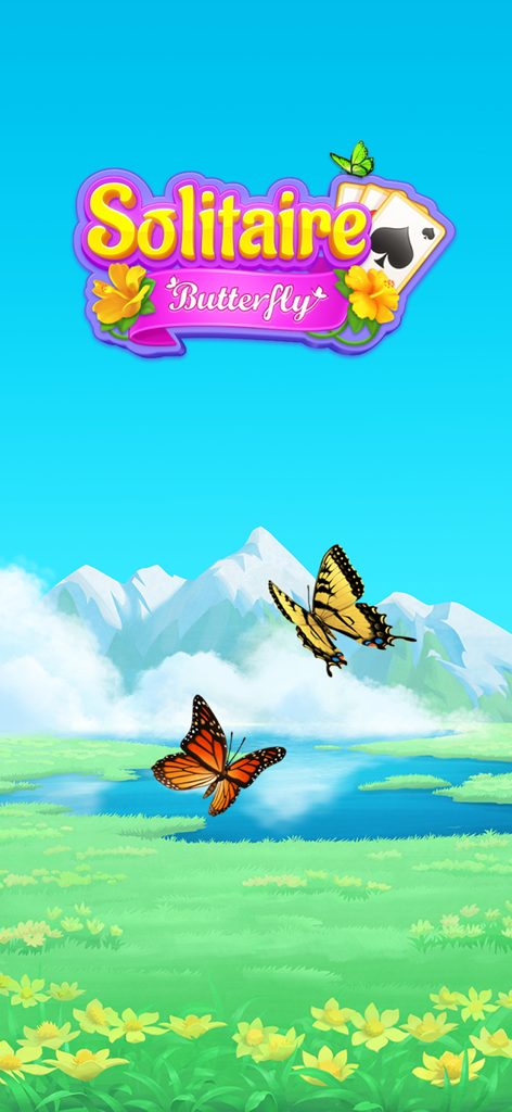 Solitaire Butterfly - Solitaire Butterfly logo with butterflies flying over a serene mountain and meadow landscape