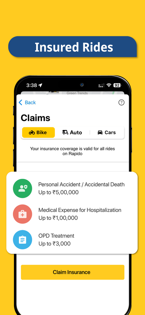 Rapido app screen displaying insurance coverage and claim details for bike auto and cab rides