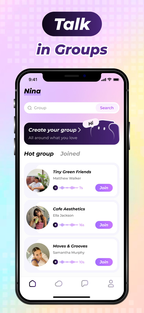 Interface of the Nina app showing a list of hot social groups to join for live chat