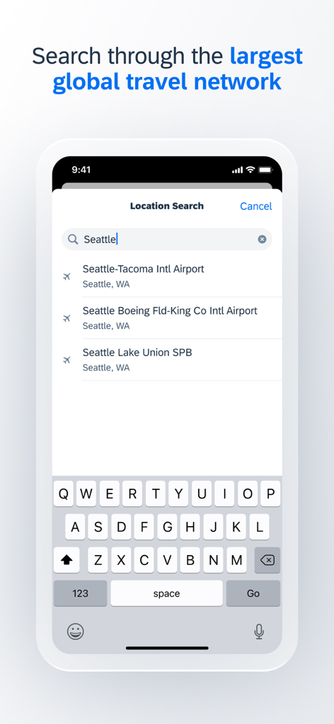 SAP Concur app mobile screen showing a location search for Seattle airports