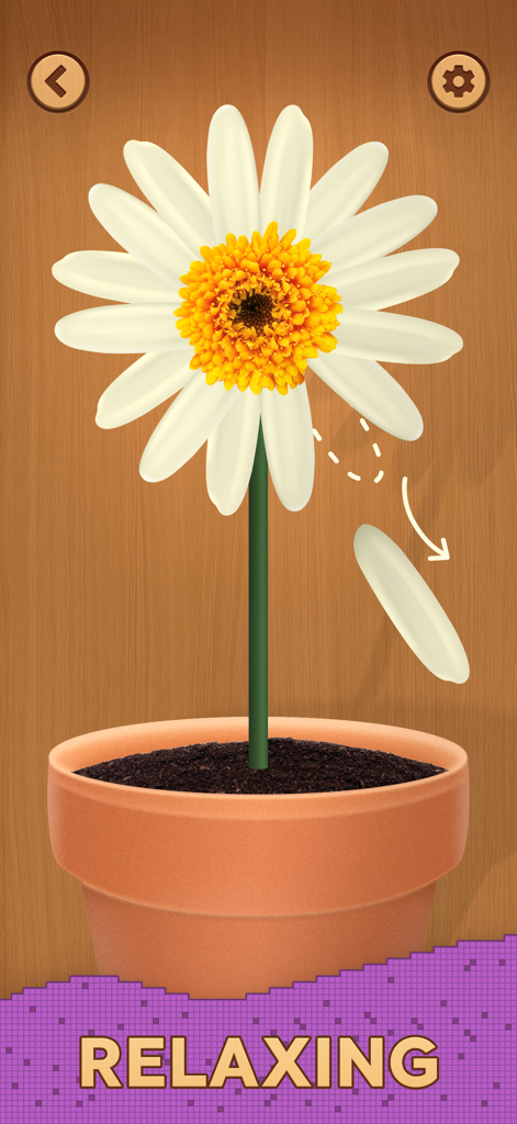 A daisy in a pot with a petal falling in a relaxing puzzle game
