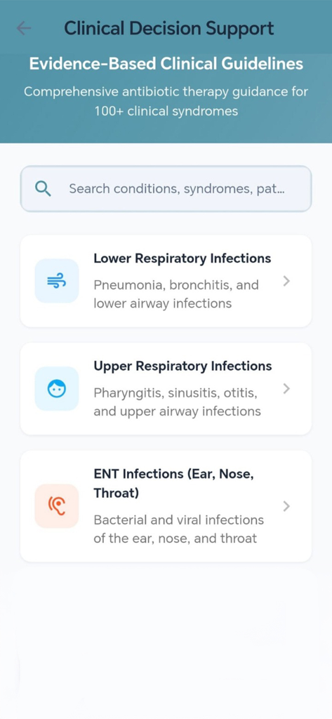 Interface do aplicativo móvel IPC Guider mostrando suporte à decisão clínica com barra de pesquisa e categorias de infecção como respiratória e infecções de ouvido, nariz e garganta