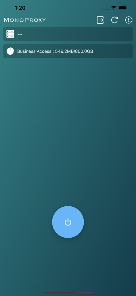 MonoProxy - MonoProxy app interface showing business data usage and corporate network connection button