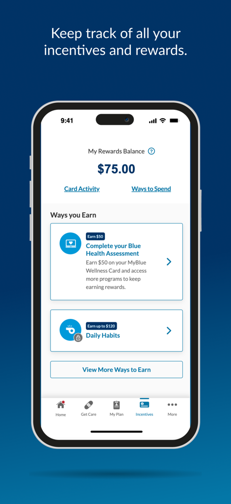 fepblue - A smartphone screen showing the fepblue app rewards dashboard with a seventy-five dollar balance and wellness incentive options.