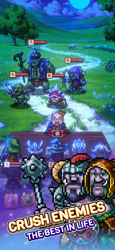 Knights of Pen and Paper 3 - Una escena de batalla por turnos pixelada en Knights of Pen and Paper 3 con héroes de fantasía enfrentándose a enemigos a través de una mesa.