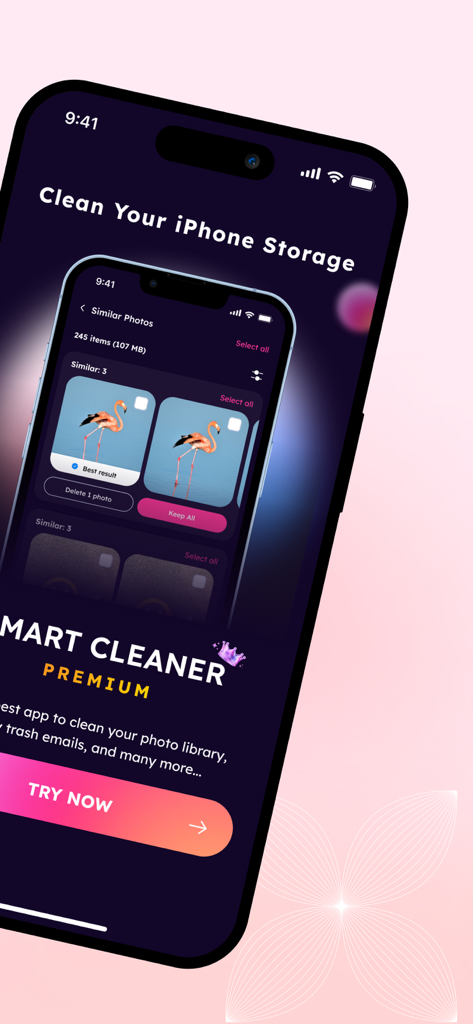 Smart Cleaner app interface on an iPhone showing similar photo detection and premium storage cleaning features