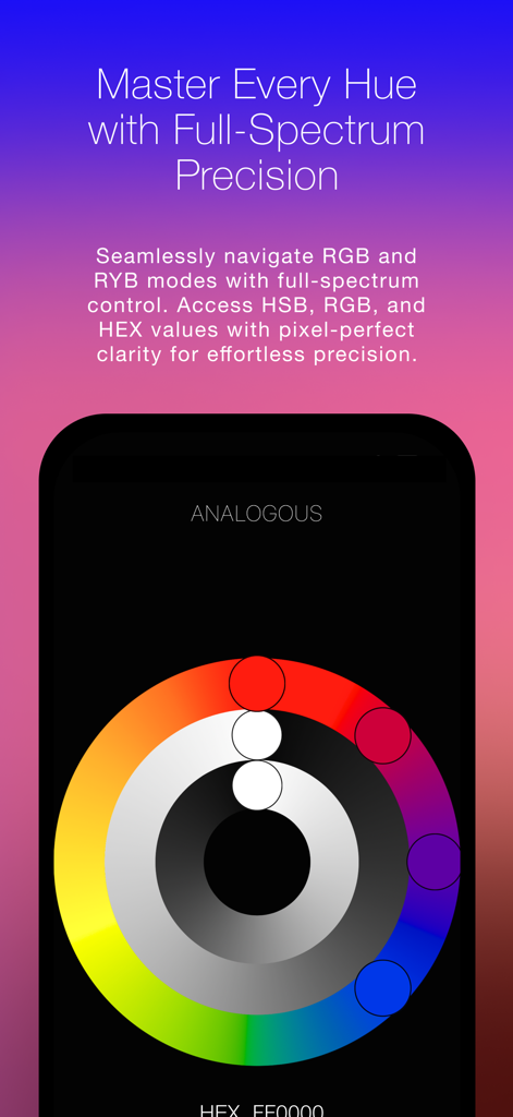 Color Wheel + Osmosi AI - アナログカラーハーモニーとデザインプロフェッショナル向けのHEXコード精度を示すデジタルカラーホイールインターフェース。