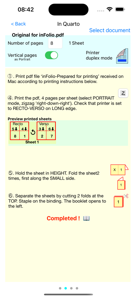 Step by step instructions for printing and folding a booklet with page layout diagrams in the In Folio app