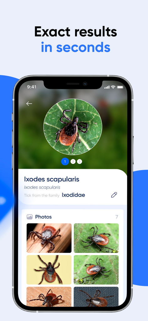 Bug Identifier app screen showing accurate deer tick identification with reference photos