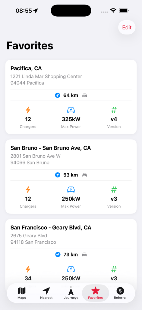 Supercharger for Tesla Station - List of favorite Tesla Supercharger locations in California showing station power and distance