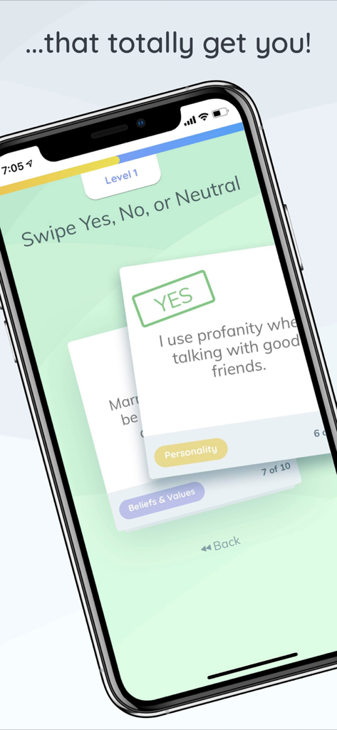 We3: Meet New People in Groups - A personality quiz screen in the We3 app where users swipe on statements to determine social compatibility.