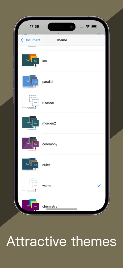 Flowchart Designer 5 - Captura de pantalla de la aplicación Flowchart Designer 5 que muestra una variedad de temas de diagramas preestablecidos en una interfaz de iPhone