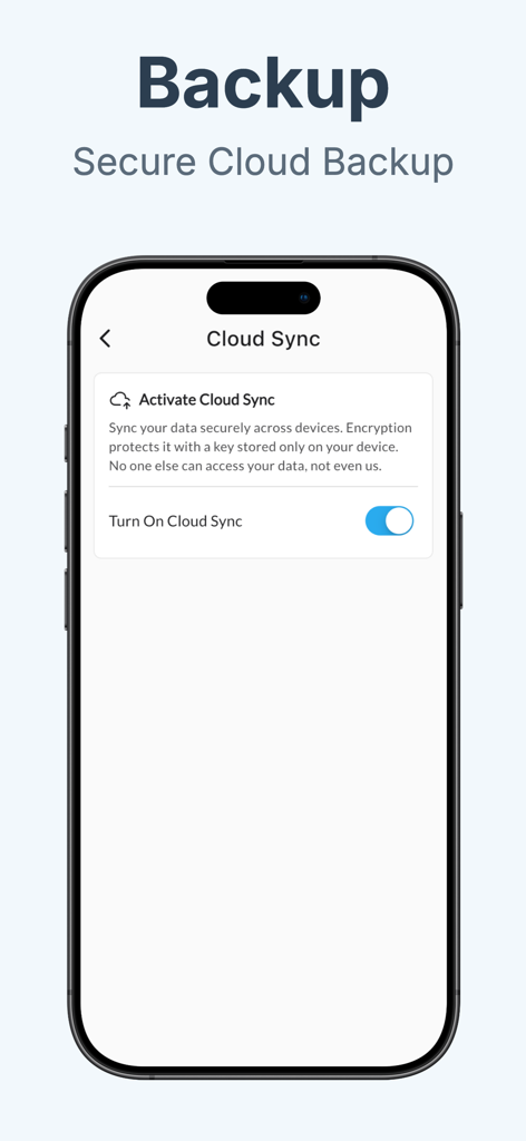 QRBot: Reader & Maker - QRBot-App-Oberfläche zeigt die Aktivierung der sicheren Cloud-Synchronisierung und Backup-Optionen