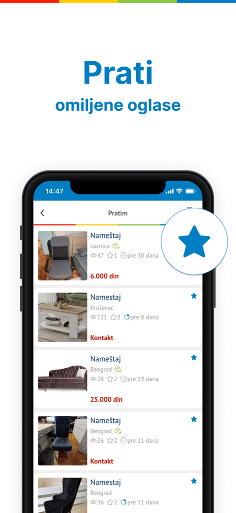 A mobile interface of the KupujemProdajem app showcasing followed furniture listings with a star icon.