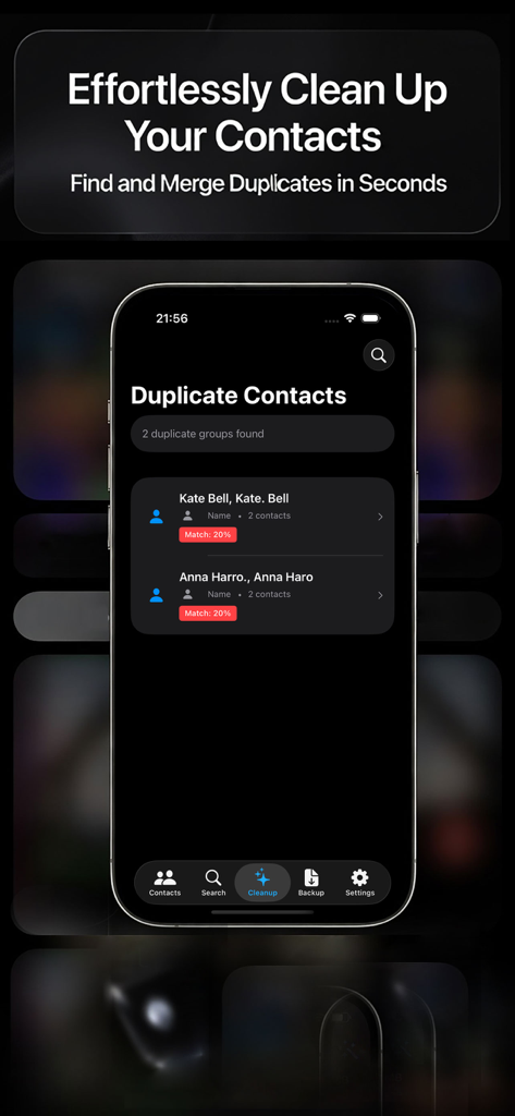 cSync: Sync Google Contacts,.. - Tela do iPhone mostrando o aplicativo cSync identificando e mesclando contatos duplicados