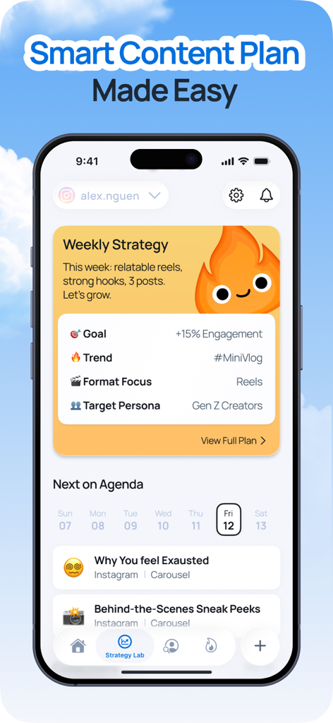 Trendy Profile Tracker & Boost - クリエイタープロフィールのための週刊ソーシャルメディアコンテンツ戦略とスケジュールされたアジェンダを表示するTrendyアプリのインターフェース