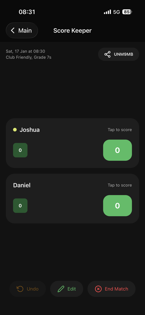 TennisLiveScore - TennisLiveScore mobile app interface showing a real-time match scoring screen with large green buttons for easy point tracking.