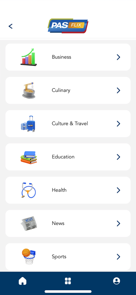 PASFLIX app menu showing content categories for business culinary travel education health news and sports