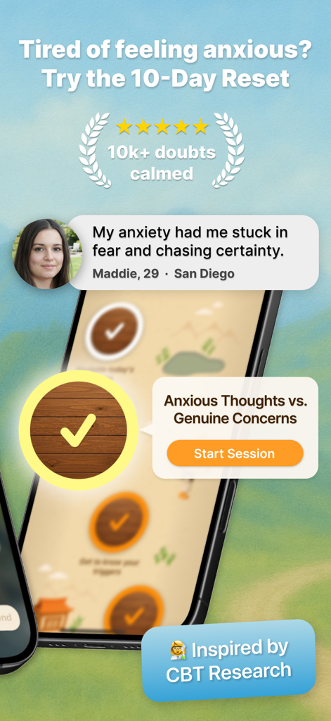 PeachyTalks: Relationship OCD - PeachyTalks smartphone screen showing the 10 Day Reset program for relationship anxiety with a start session button for CBT training.