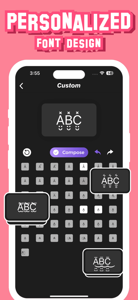 Font Keyboard: Cool Themes - Mobile app screen showing a personalized font design interface where users can select stylized letters and symbols to create custom aesthetic fonts.