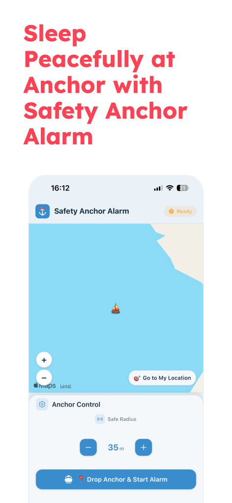 Safety Anchor Alarm - Safety Anchor Alarm interface showing map view and anchor radius controls