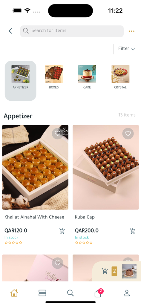 The rellato mobile app menu displaying boxes of sweets and dessert categories.