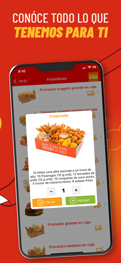 Frisby - Schermata dell'app mobile Frisby che mostra un combo alimentare Frispicada con pollo fritto e contorni