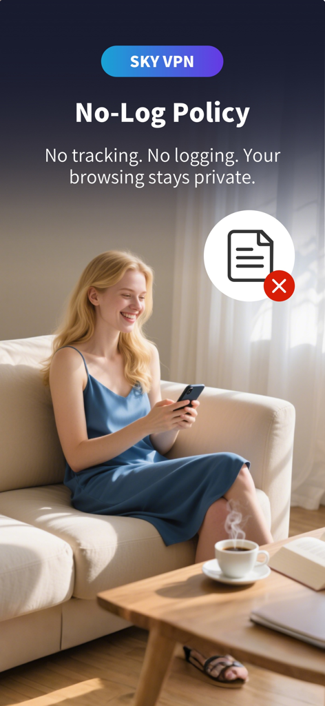 Sky VPN - Super VPN Master - A woman using her smartphone on a couch under a Sky VPN banner highlighting their no-log policy