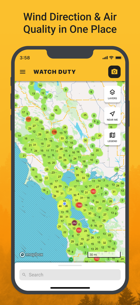 Watch Duty: Wildfire Maps - Watch Duty app map interface showing wind direction and air quality data across California