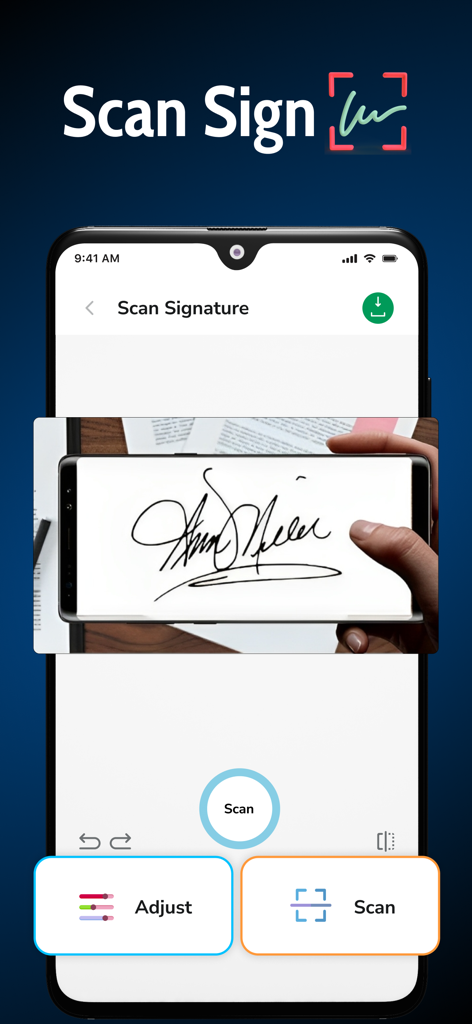 Signature Maker Sign Documents - 사용자가 휴대폰 카메라로 필기 서명을 캡처하는 스캔 서명 기능 표시 모바일 앱 인터페이스