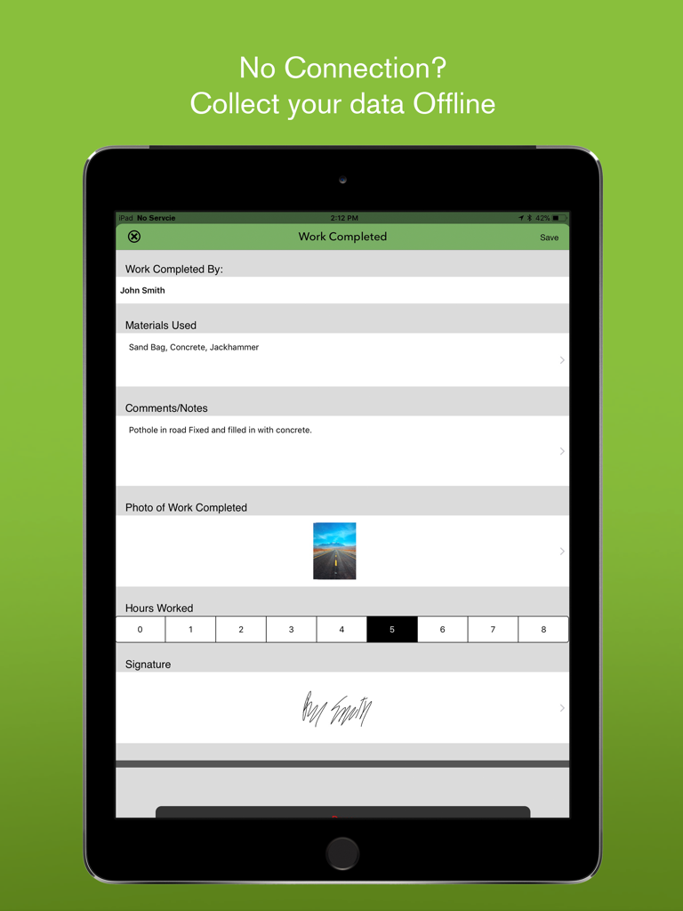 iForm Kiosk App-Oberfläche zeigt ein Formular für abgeschlossene Arbeiten zur Offline-Datenerfassung auf einem iPad