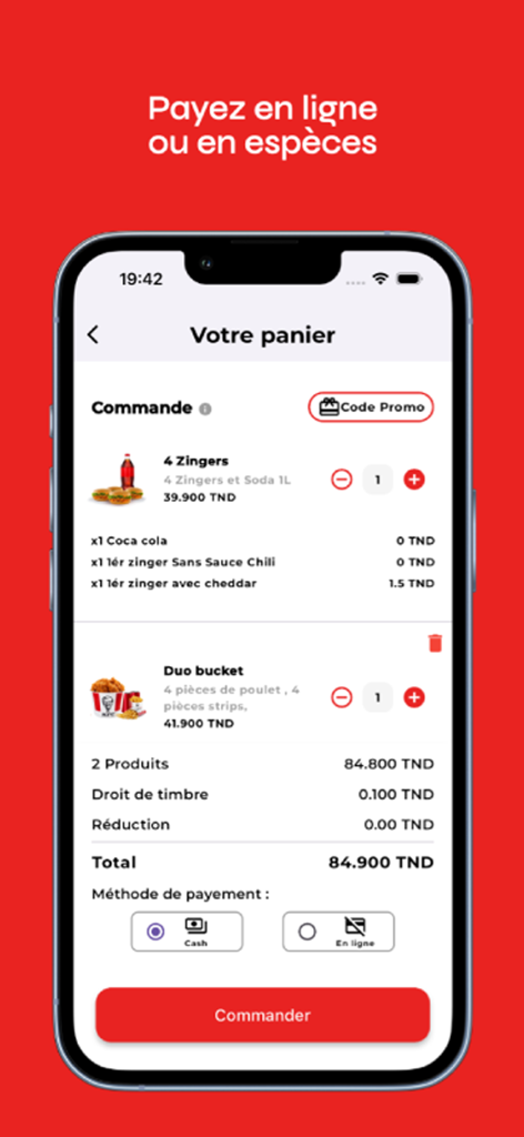 KFC Tunisie - Pantalla del carrito de compras de la aplicación KFC Túnez mostrando pedidos de pollo y opciones de pago