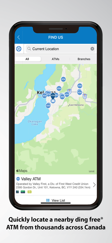 Map interface in the Valley First mobile banking app showing ATM and branch locations in Kelowna.