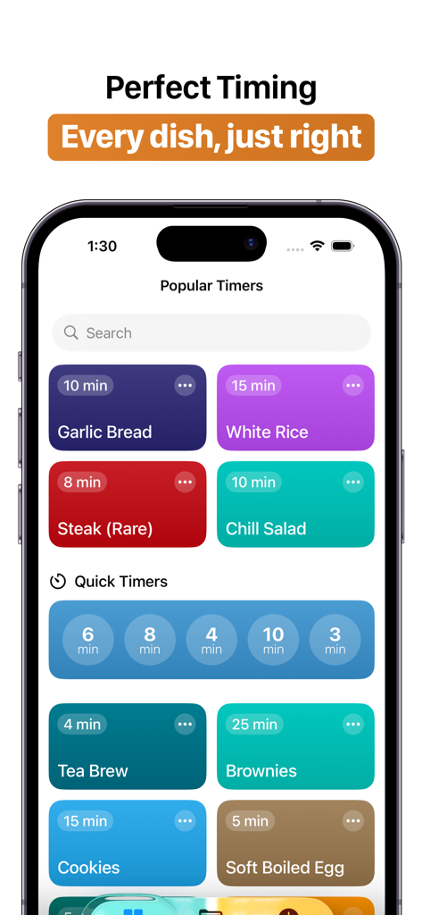 Cooking Timer+ Multiple Timers - Cooking Timer app interface showing color coded presets for different meals