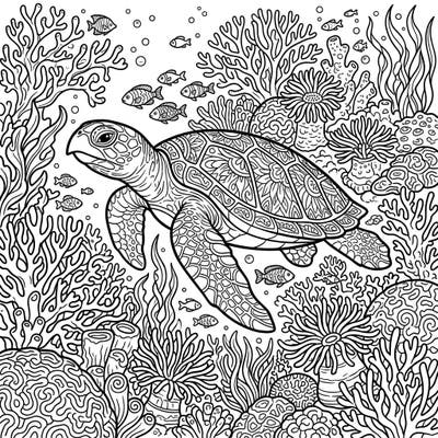 Explore the wonders of the ocean with this beautiful Hawksbill Sea Turtle coloring page, featuring its distinctive ornate shell. Immerse yourself in a vibrant coral reef filled with detailed marine life, perfect for hours of creative relaxation.