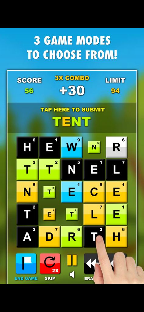 The Word Mania - The Word Mania mobile game interface showing a colorful word search puzzle grid where a user is selecting tiles to form the word tent