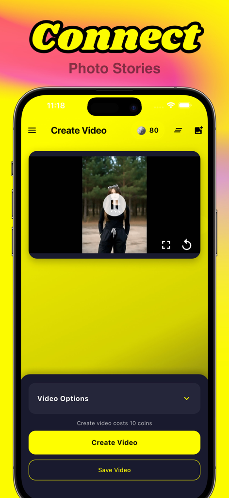 写真のプレビューとエクスポートボタンが表示された「ビデオを作成」画面を表示するEmyuアプリのインターフェース。