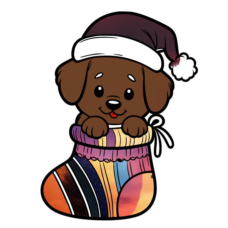 cute puppy wearing santa hat in socking