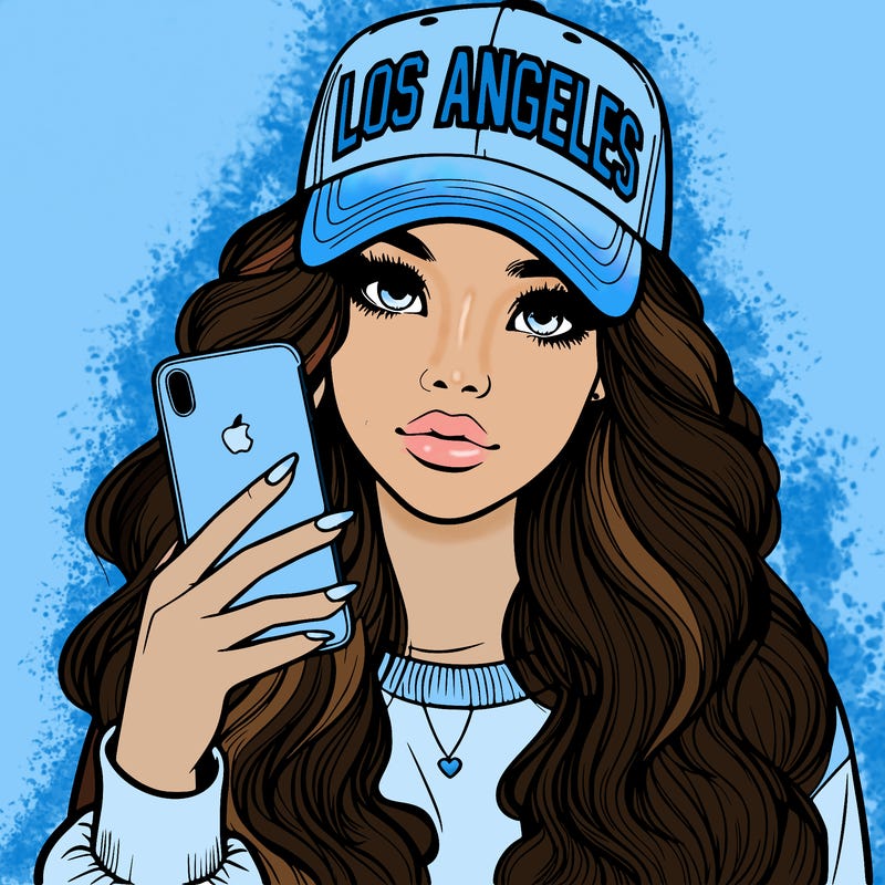 realistic beautiful girl wearing los ángeles cap holding an iphone