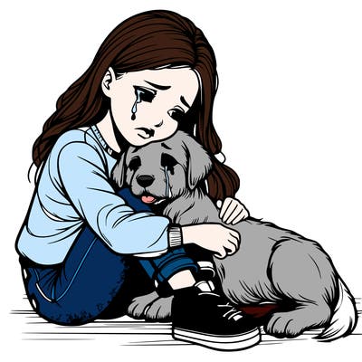 realistic girl crying with a realistic dog laying on her lap