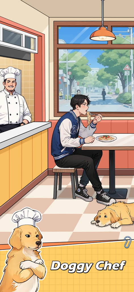 Cartoon-Restaurant-Szene aus Brain Puzzle 2 mit einem Mann, der Spaghetti isst, und einem Golden Retriever mit Kochmütze