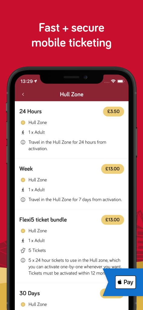 East Yorkshire Buses app interface for purchasing mobile tickets in the Hull Zone.