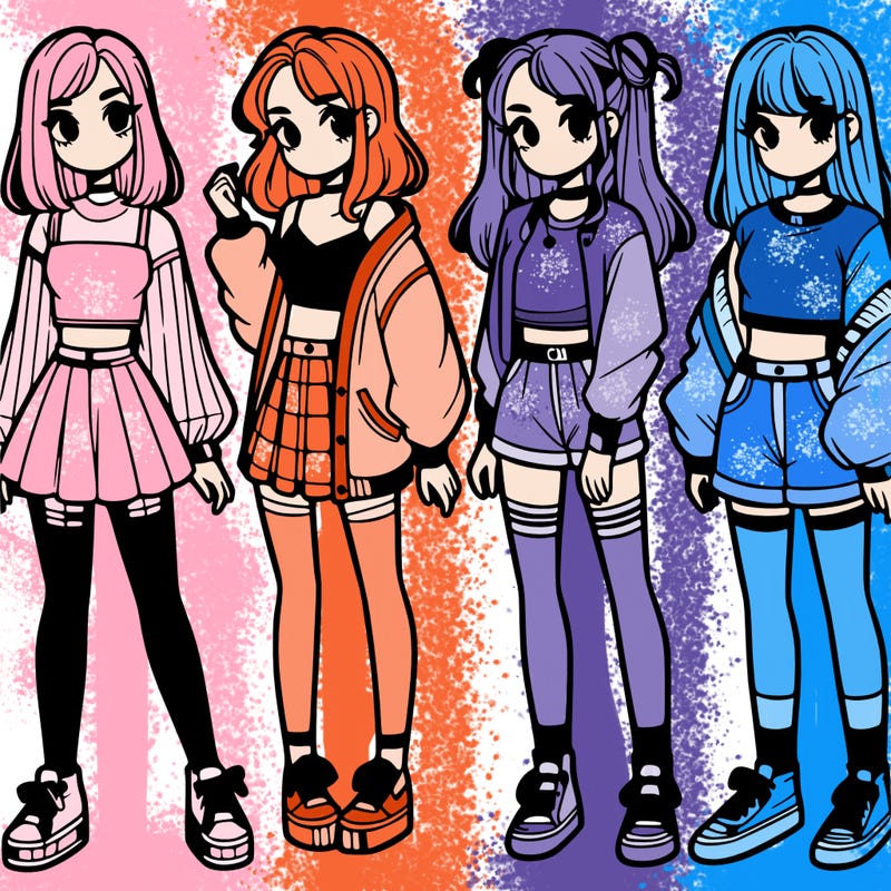 one girl with crop-top shirt and a jacket with a skirt, long socks and another girl with a shirt and pants with a jacket