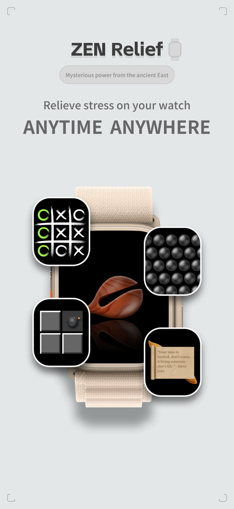ZenRelief: Relaxing Watch Game - ZenRelief app for Apple Watch showing various relaxing micro games like Tic Tac Toe and bubble wrap for stress relief