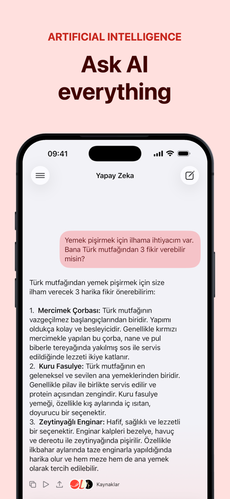 A screenshot of the Yapay Zeka mobile app showing an AI chat interface where a user asks for Turkish food recipes and receives a detailed response.