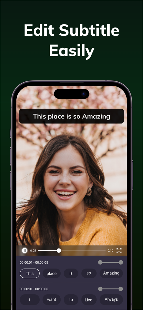 MixBit: Subtitles for Videos - MixBit app interface showing word by word subtitle editing on a mobile video