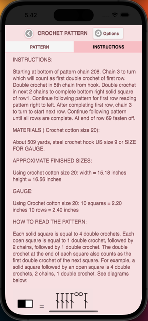 Filet Crochet Pattern Creator - A mobile screen showing written filet crochet instructions with material requirements and pattern reading guides.