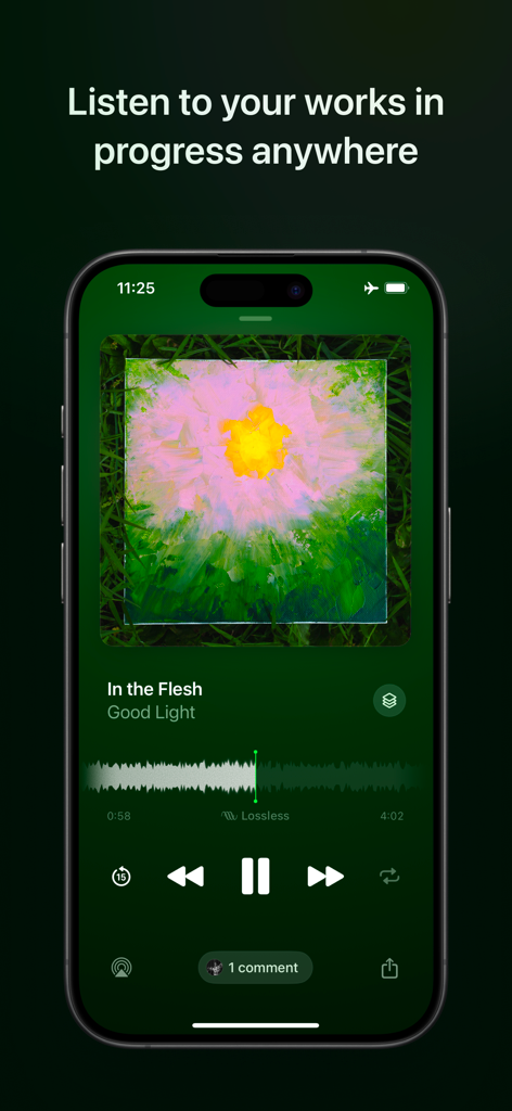 Samply - Listen & Share - iPhone上のSamplyアプリのインターフェース。波形とフィードバックオプションを備えたロスレスオーディオトラックが表示されている。