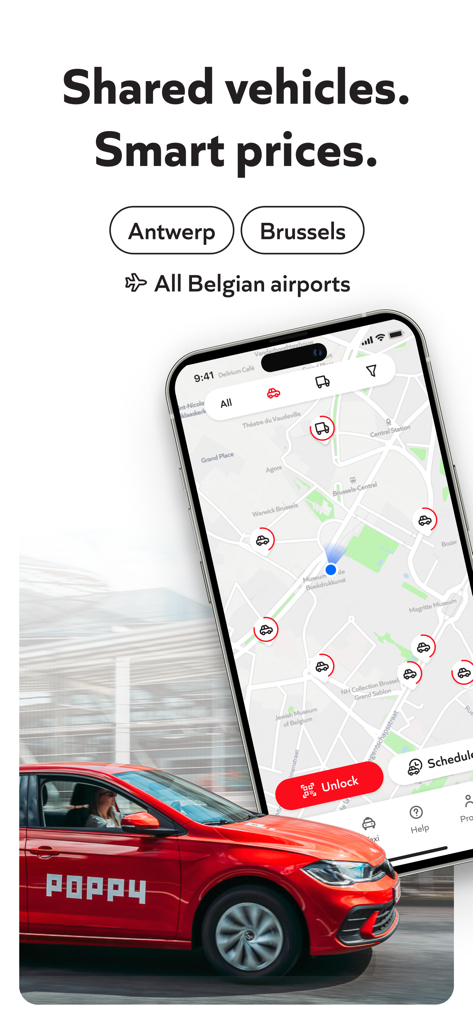 Smartphone screen showing the Poppy app vehicle map next to a red shared car.