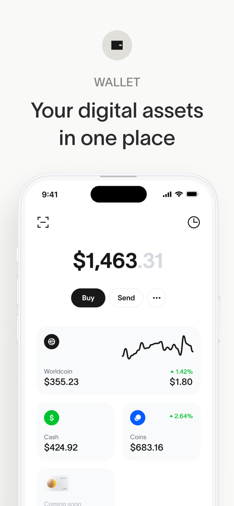 World App - Real Human Network - Interfaz de la billetera de World App que muestra el saldo de moneda digital y opciones para comprar o enviar activos.
